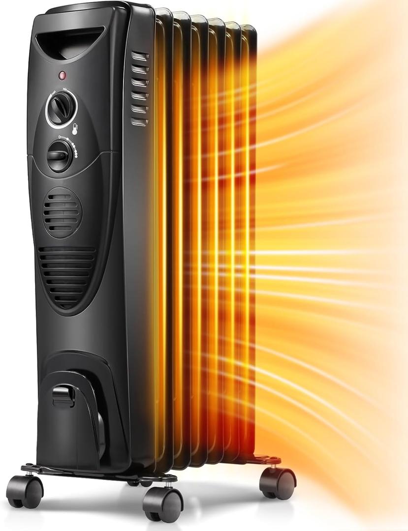 Aigostar 1500W Oil Heater 7-Fin Safe Heat, 3 Heat Setting Space Heater Adjustable Thermostat, Overheat & Tip-Over Protection, Heat Up 250 Square Feet, Quiet Oil Filled Radiator Heater for Indoor Use