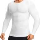 Nebility Shapewear Men Compression Shirt - Long Sleeve White Undershirt Tummy Control Body Shaper Slimming Tank Top Workout Baselayer（White, Small） (White)