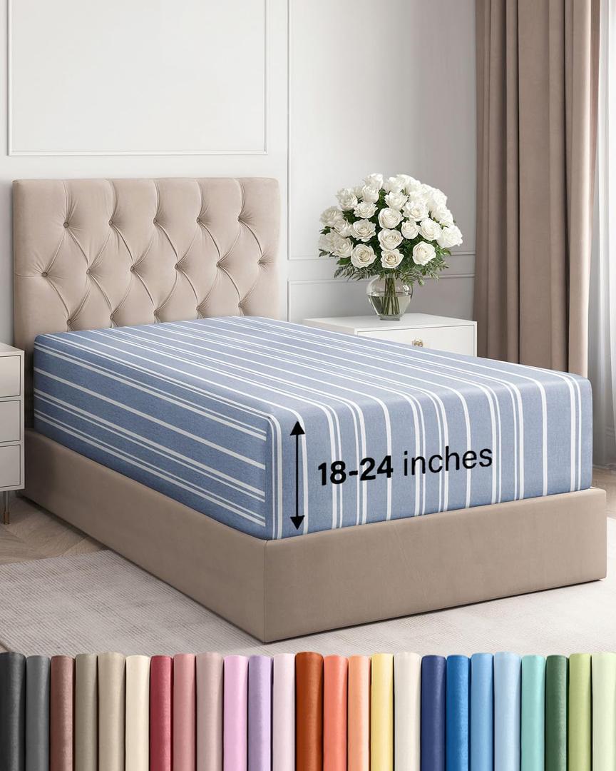 Extra Deep Twin XL Fitted Sheet - Hotel Luxury Single Fitted Sheet Only - Easily Fits 18 inch to 24 inch Mattress - Ultra Soft, Wrinkle Free w/Extra Deep Pockets - Breathable & Comfy - Blue Stripes