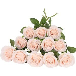 12pcs Roses Artificial Flowers Pink Fake Roses Flowers with Long Stems Silk Flowers for Wedding Bouquet Centerpices Decorations Party Bridal Baby Shower Home Decor (Blush)