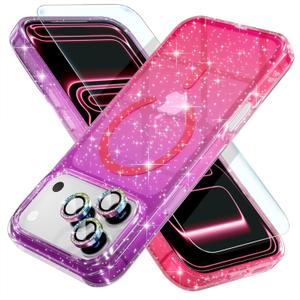 Choiche Magnetic for iPhone 17 Pro Max Case Compatible with MagSafe, Women Cute Glitter Sparkly Phone Case with Diamond Camera Lens Protectors, Military-Grade Drop Protection 6.9" (Purple/Pink)