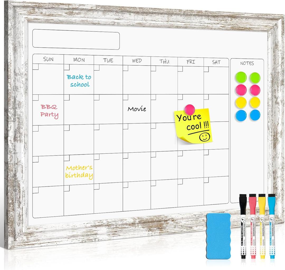 Monthly Dry Erase Calendar Whiteboard for Wall, 24" x 18" Magnetic White Board Calendar Board - Rustic Vintage Wooden Frame