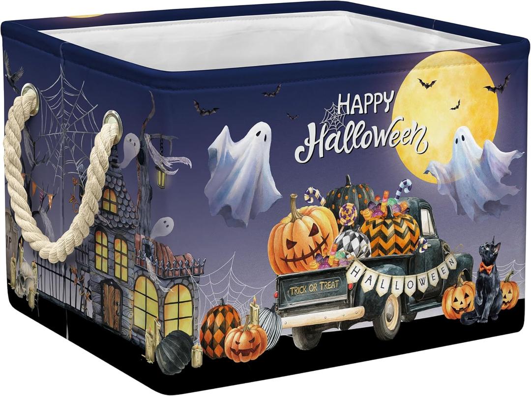 Halloween Ghost Basket Pumpkin Boo Spooky Basket with Handles Foldable Purple Halloween Gifts Storage Bins for Party Home Bedroom Decor (Purple, 15x10x10 Inch)