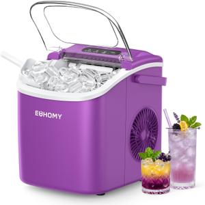 EUHOMY Countertop Ice Maker Machine with Handle, 26lbs Per Day, 9 Ice Cubes Ready in 6 Mins, Auto-Cleaning Portable Ice Maker with Basket and Scoop, for Home/Kitchen/Camping/RV (Purple)