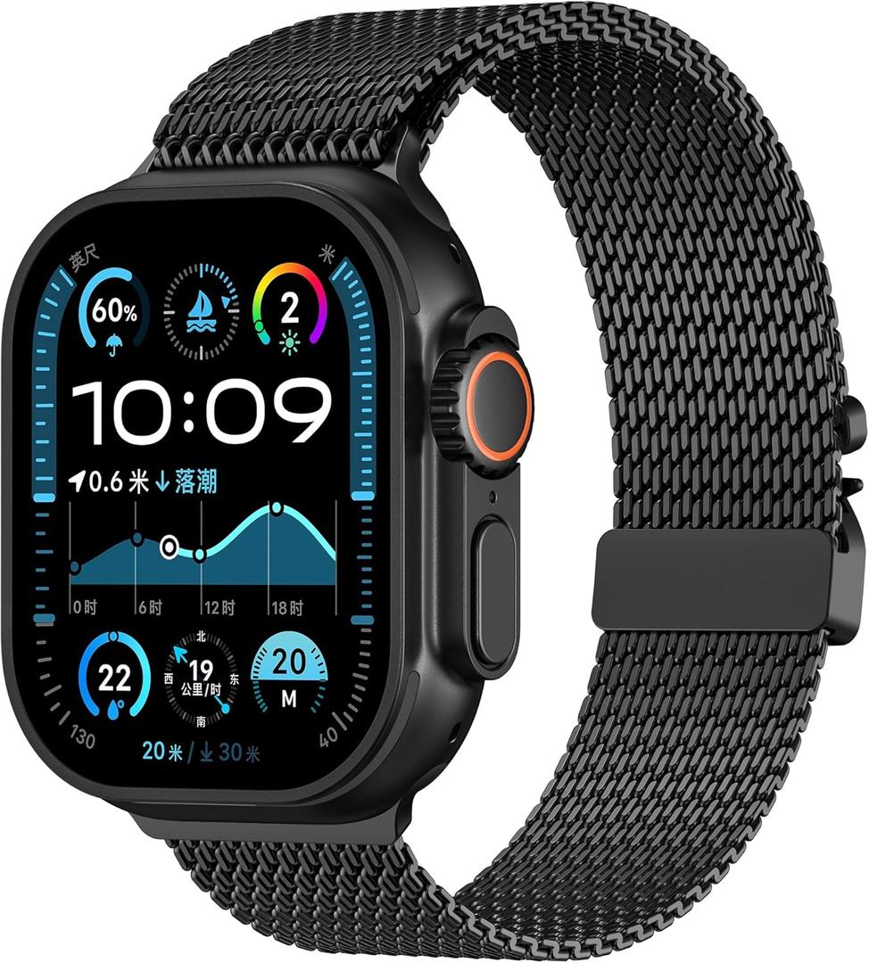 Milanese Mesh Loop Compatible for Apple Watch Band 49mm 46mm 45mm 44mm Men Women, Breathable Replacement Band with Adjustable Parachute-style Buckle for iWatch Ultra 2/Ultra/SE/Series 10/9/8/7/6/5/4 (Black)