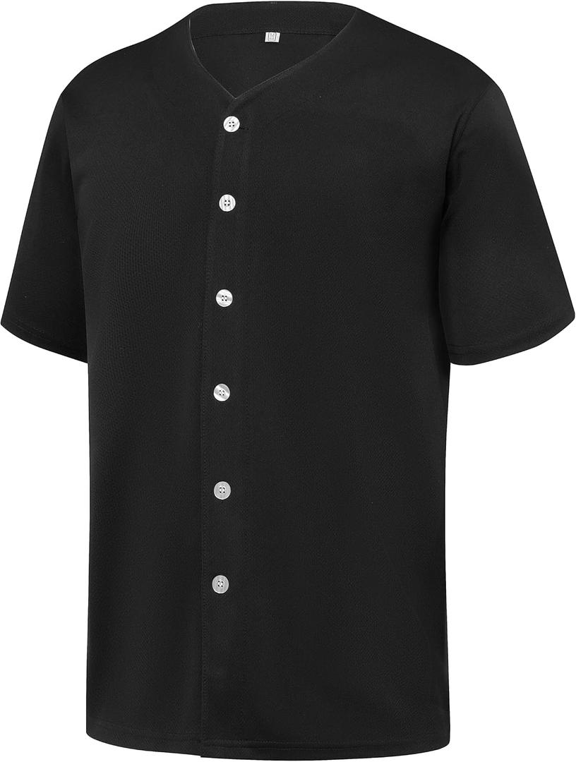 YWIES Mens Button Down Plain Baseball Jersey, Blank Softball Team Uniform, Hip Hop Hipster Short Sleeve Active Shirts (Black, M)