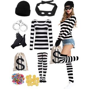 Halloween Robber Costume Set, Burglar Costume Women, 9 Pieces Cosplay Thief Bank Robber Black and White Striped Shirt (Medium)