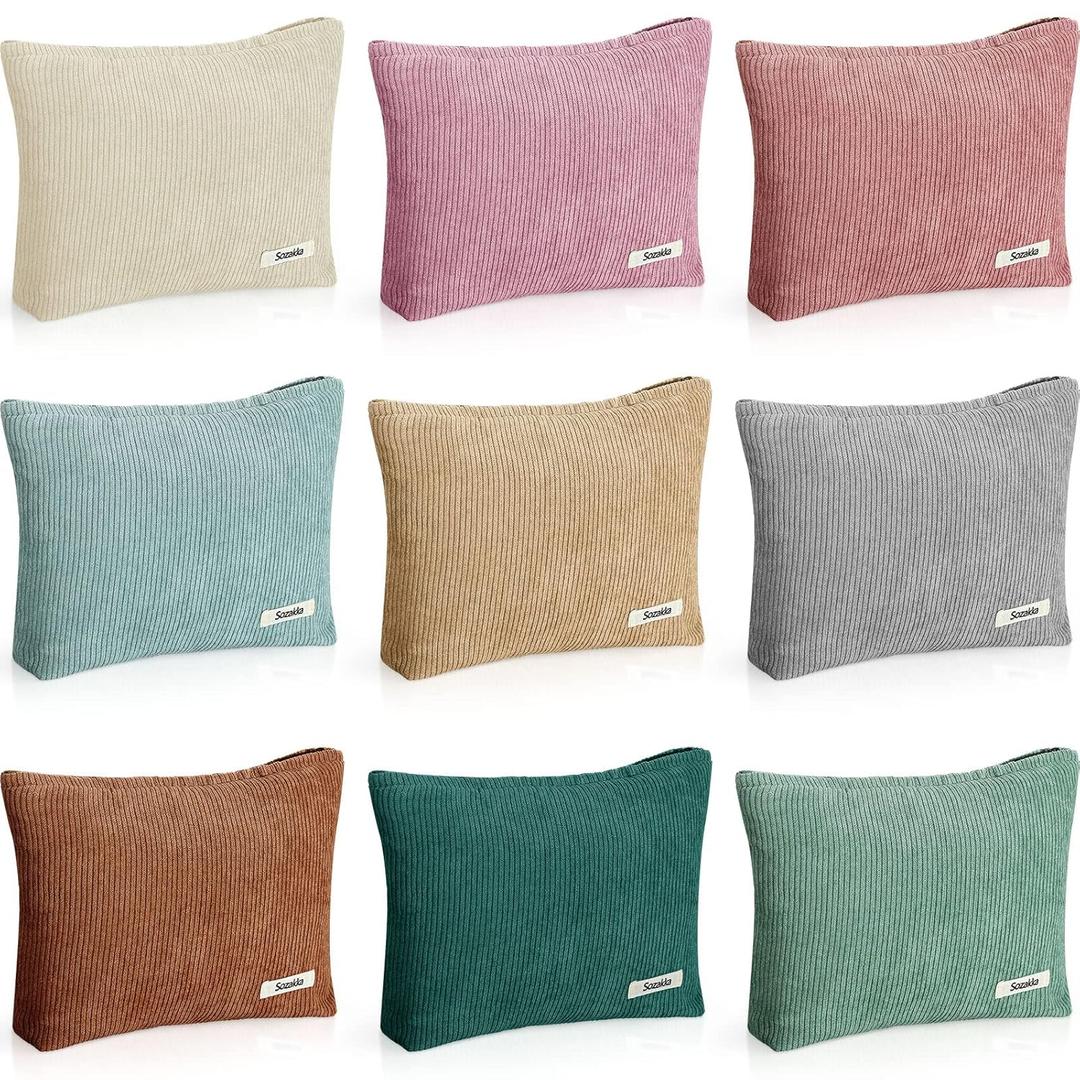 Sherr 9 Pcs Corduroy Makeup Bags 10 x 7 Inches Cosmetic Bag Large Velvet Travel Aesthetic Pouch Travel Makeup Organizer Toiletry Bag for Purse Accessories Cosmetics Pouch for Women, 9 Colors