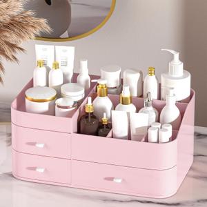 MIUOPUR Makeup Organizer for Vanity, Large Capacity Desk Organizer with Drawers for Cosmetics, Lipsticks, Jewelry, Nail Care, Skincare, Ideal for Bedroom and Bathroom Countertops - Large Pink