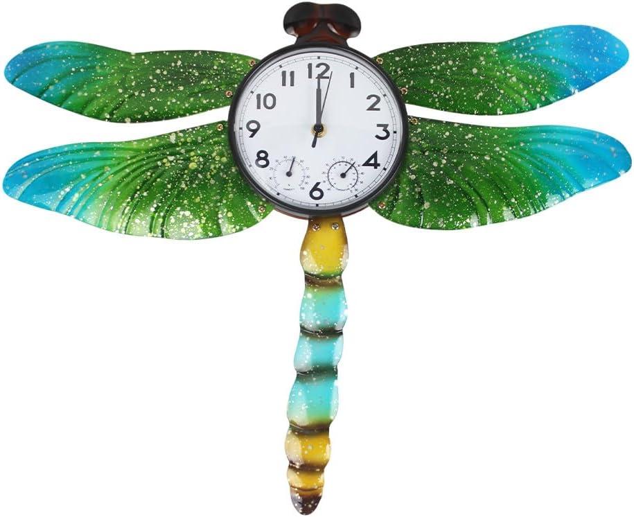 Unique Outdoor Clock Silent None-Ticking, Outdoor Wall Clock with Thermometer & Humidity, Waterproof Outside Clock for Patio, Living Room, Kitchen (Green Dragonfly)