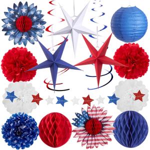 SUNBEAUTY 16PCS 4th of July Decorations Patriotic Party Decor Red White and Blue 3D Paper Star Hanging Swirls Star Garland Tissue PomPom, American Flag Paper Flowers for Independence Day Memorial Day.