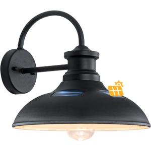 1 Pack Solar Barn Lights for Outside, Dusk to Dawn Farmhouse Gooseneck Barn Light, 12" Large Black Porch Light Fixture Wall Mount, Waterproof Outside Wall Lights Solar Powered for Porch Garage Patio