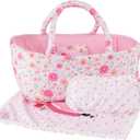BABESIDE 3 Pcs Baby Doll Bassinet with Baby Doll Bedding Set for 17-22 Inch Dolls, Floral Patterns Babydoll Crib and Blanket for Lifelike Reborn Dolls Accessories, Pink