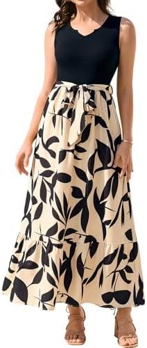 KUTUMAI Sleeveless Maxi Dress Floral V Neck Tie Waist Long Formal Cocktail Dresses for Women Spring Summer 2025 L, Black