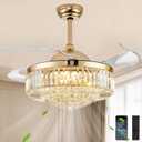 Fandelier Ceiling Fan with Light, 48''Crystal Retractable Ceiling Fan with Lights, Chandelier Fan for Bedroom Living Room, 3000-6500K LED Dimmable, 6 Wind Speed-Gold