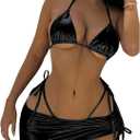 WDIRARA Women's 3 Piece Metallic Swimsuits Halter Triangle String Bikini Set with Beach Skirt (Dull Black) 
Small
