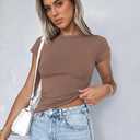 Zeagoo Women Crewneck Slim Fitted Short Sleeve T Shirts Cute Stretchy Bodycon Basic Tee Tops (Brown, M)