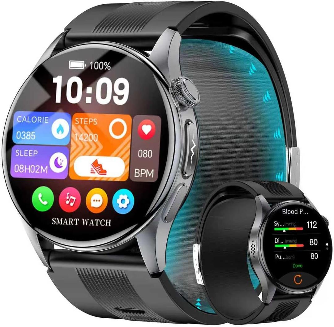 Blood Pressure Smart Watch with Air Pump and Air Cuff, 1.56'' AMOLED Bluetooth Call Fitness Tracker, 24/7 Heart Rate Monitor Blood Oxygen Temperature Sleep Tracker for Android/iOS