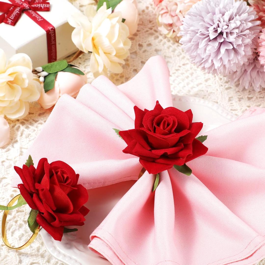 Set of 8 Valentine's Day Napkin Ring Rose Flower Metal Napkin Ring Designed with Rose Serviette Buckle for Valentine's Day Wedding Anniversary Party Dinner Table Decor (Red)