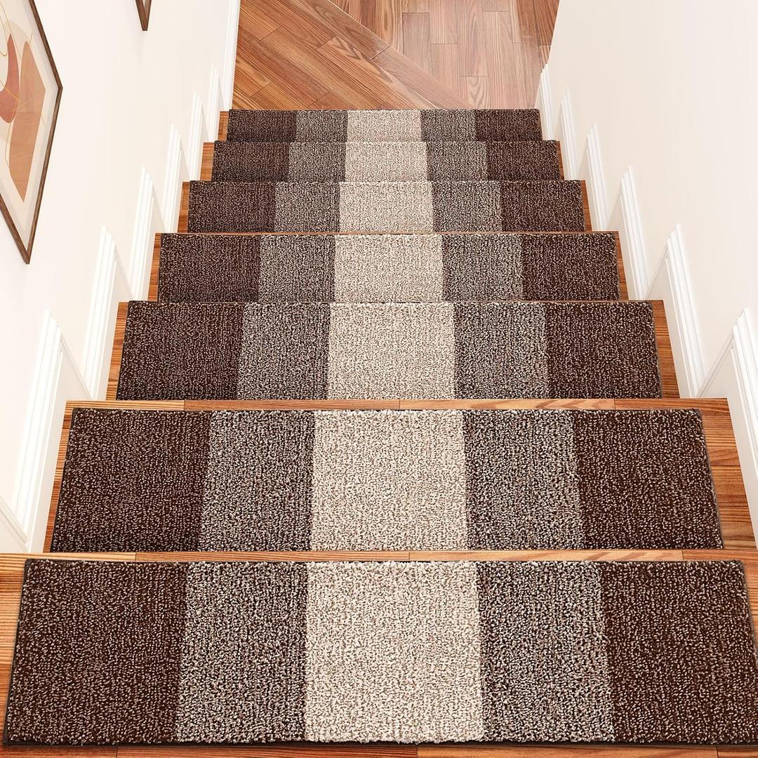 OLANLY Stair Treads Non Slip 15PCS, 8" x 30" Indoor Stair Runners for Wooden Steps, Edging Stair Rugs with Reusable Peel and Stick Adhesive for Kids Elders and Pets, Brown