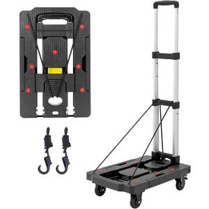Folding Hand Truck, 330 Lbs Foldable Hand Truck Dolly Cart Heavy Duty Collapsible Trolley Portable Platform Luggage Cart with 5 Wheels & 2 Elastic Ropes for Moving Travel Home Office
