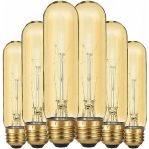 Edison Light Bulbs,120V, E26 Base, T10 Tubular Bulbs, 40W Amber Glass Incandescent, Ultra Warm White, Dimmable Vintage Tubular Style Showcase Bulb (6-Pack)