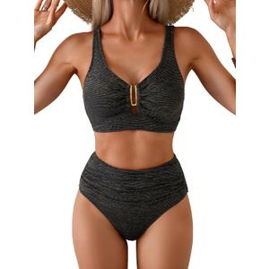 Eomenie Bikini Sets for Women High Waisted Two Piece Bathing Suit U Wired V Neck Swimsuit Adjustable Straps Swimwear (Black, L)