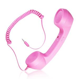 Retro Phone Handset, 3.5mm Jack Wire Cell Phone Receiver with Answer Button/Volume Keys, Handheld Old Telephone Headset for Mobile Phones/Cellphone/Smartphone (Pink)