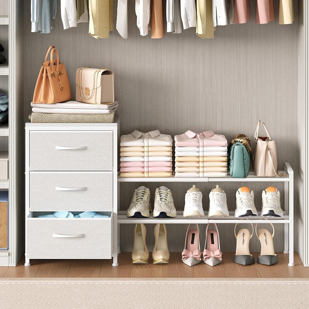 Cidaziya Expandable Closet Organizers and Storage, White Fabric Storage Dresser, 3 Drawer Dresser, Clothes Shelves for Kids, Purse Organizer Small Shoe Rack for Closet Bedroom (11.41"D x 43.42"W x 24.01"H)