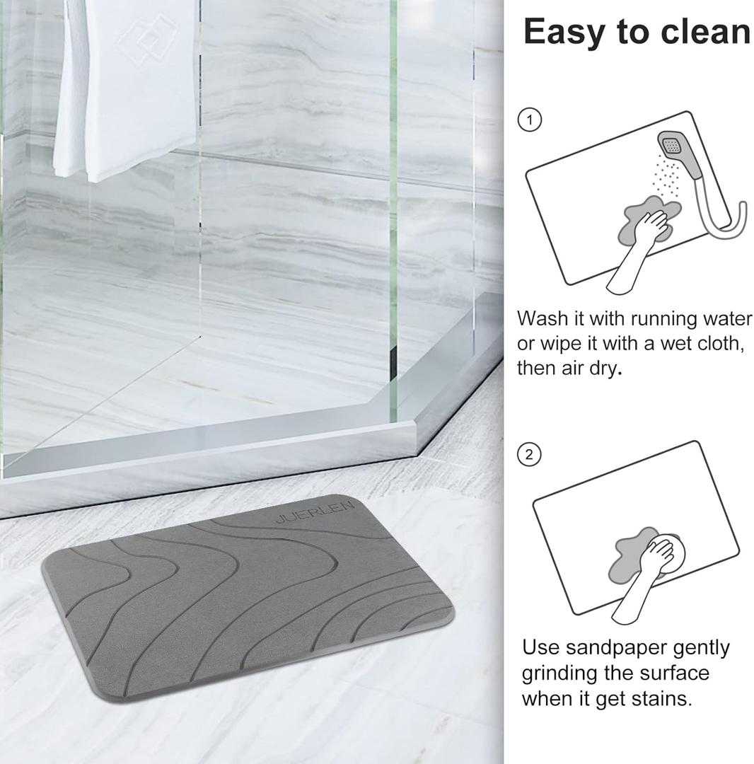 Diatomaceous Earth Shower Mat, Stone Bath Mat, Nonslip Super Absorbent Fast-Drying Hard Bath Mat for Bathroom Shower Floor, 24 x 16 inch, Grey Wave Design