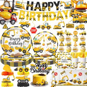 Construction Birthday Party Supplies - Plates, Napkins, Cups, Cutlery, Banner, Hanging Swirls, Honeycomb Centerpieces, Tablecloth, Folil Balloons for Boy Construction Party Decorations, Serves 24