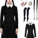 Gothic Girl Women Movie Inspired Adult Halloween Black Costume Dress Full Set (XX-Large)