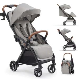 Babideal Lightweight Travel Stroller for Baby, Self-Folding Toddler Stroller with Large Canopy, Full-Reclining Seat, Cup Holder Included - Newborn to 50lbs. (Grey)