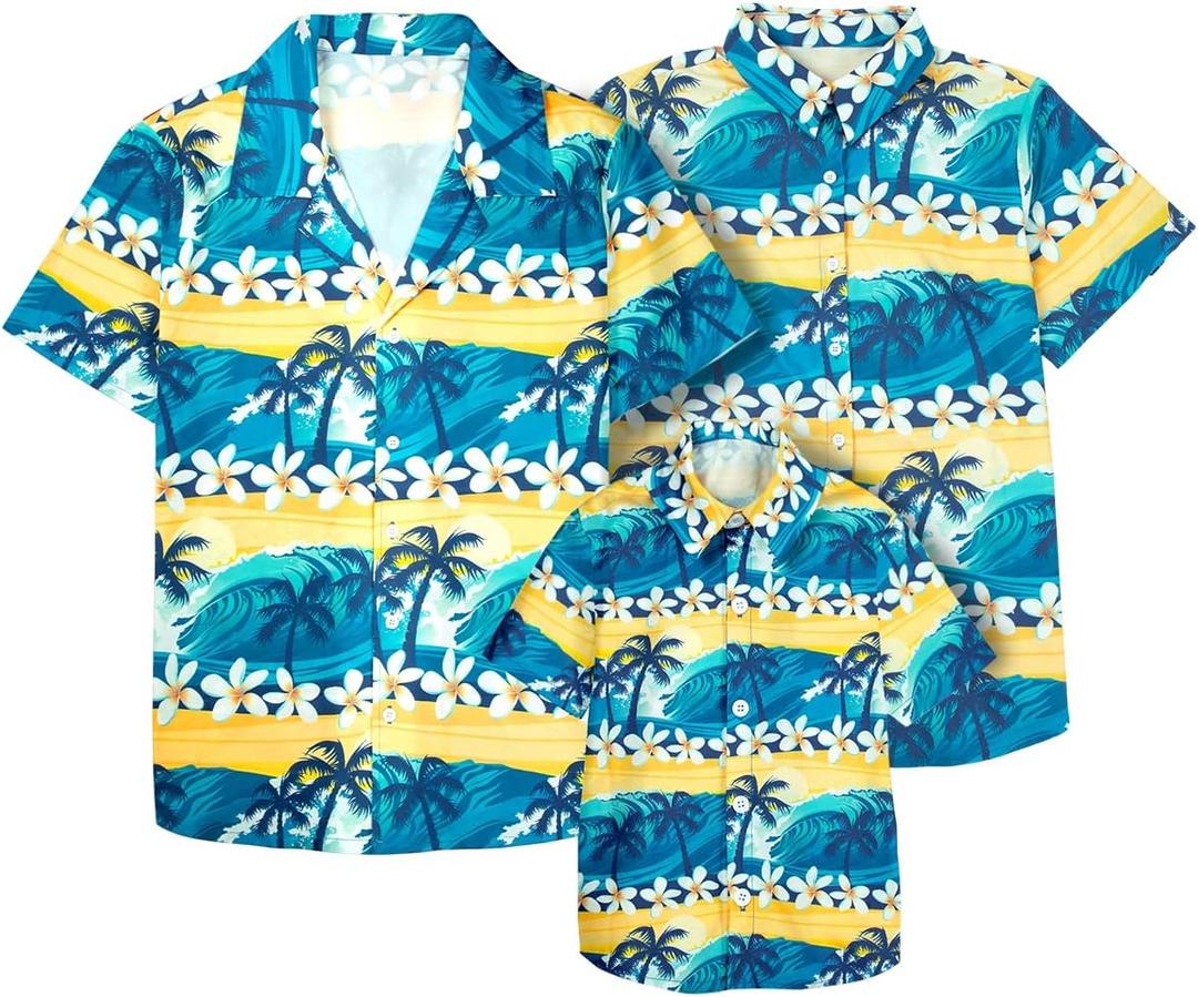 Family Hawaiian Matching Outfits Father Son Matching Shirts Tropical Flower Short Sleeve Button Down Tops (Blue)
