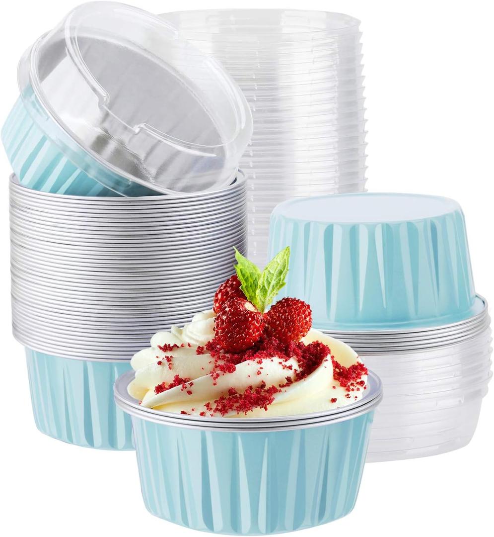EUSOAR Aluminum Cups with Lids, 50pcs 5oz 125ml Foil Cupcake Baking Cups Oven Safe Ramekins, Muffin Liners Creme Brulee Containers Disposable Ramekins Pans Cupcake Holders (Blue)