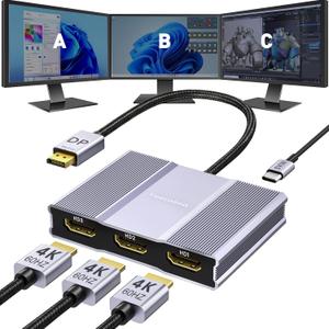 DisplayPort to HDMI Adapter 1 in 3 Out | 4K60Hz, DP Source to HDMI Splitter Extended Display port splitter for 3 monitors, MST Hub for Desktop,Laptop,NVIDIA, AMD Graphics Card - MACOS Not Support MST