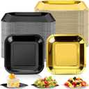 Dandat 100 Pack 7 Inch Graduation Paper Square Plates Appetizer Disposable Cake Plates Disposable Lunch Metallic Foil Dessert Tableware for Birthday Wedding Anniversary Party Supplies (Gold Black)