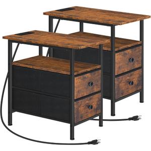 HOOBRO End Table with Charging Station, Set of 2 Narrow Side Tables, Nightstand with 2 Non-Woven Drawers, Slim Sofa Table, for Small Spaces, Living Room, Bedroom, Rustic Brown and Black BF486UBZP201, 11.8"L x 18.9"W x 23.6"H