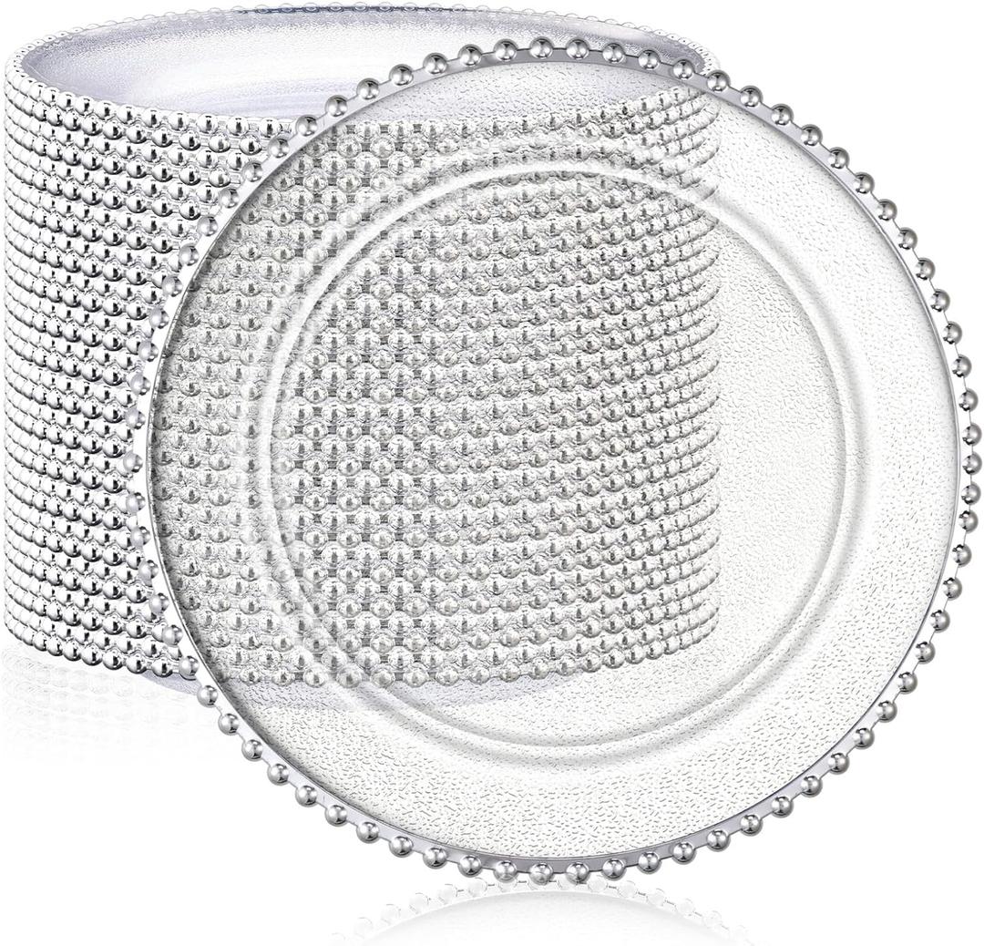 Hoolerry 50 Pack Clear Charger Plates Bulk 13 Inch Plastic Round Beaded Dinner Chargers Acrylic Frosted Grain Decorative Service Plates for Wedding Party Event, Home and Kitchen Tabletop (Silver), approx. 13 inch