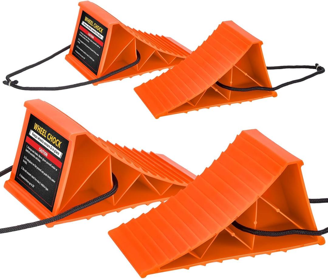 Wheel Chocks, 4 PACK Heavy Duty Wheel Chocks for Car with Rope for Easy Removal, Durable, Non-Slip, Hard Plastic Tire Stopper Blocks for RV, Camper, Trailer, Effective in Keeping Your Vehicle in Place (Orange)