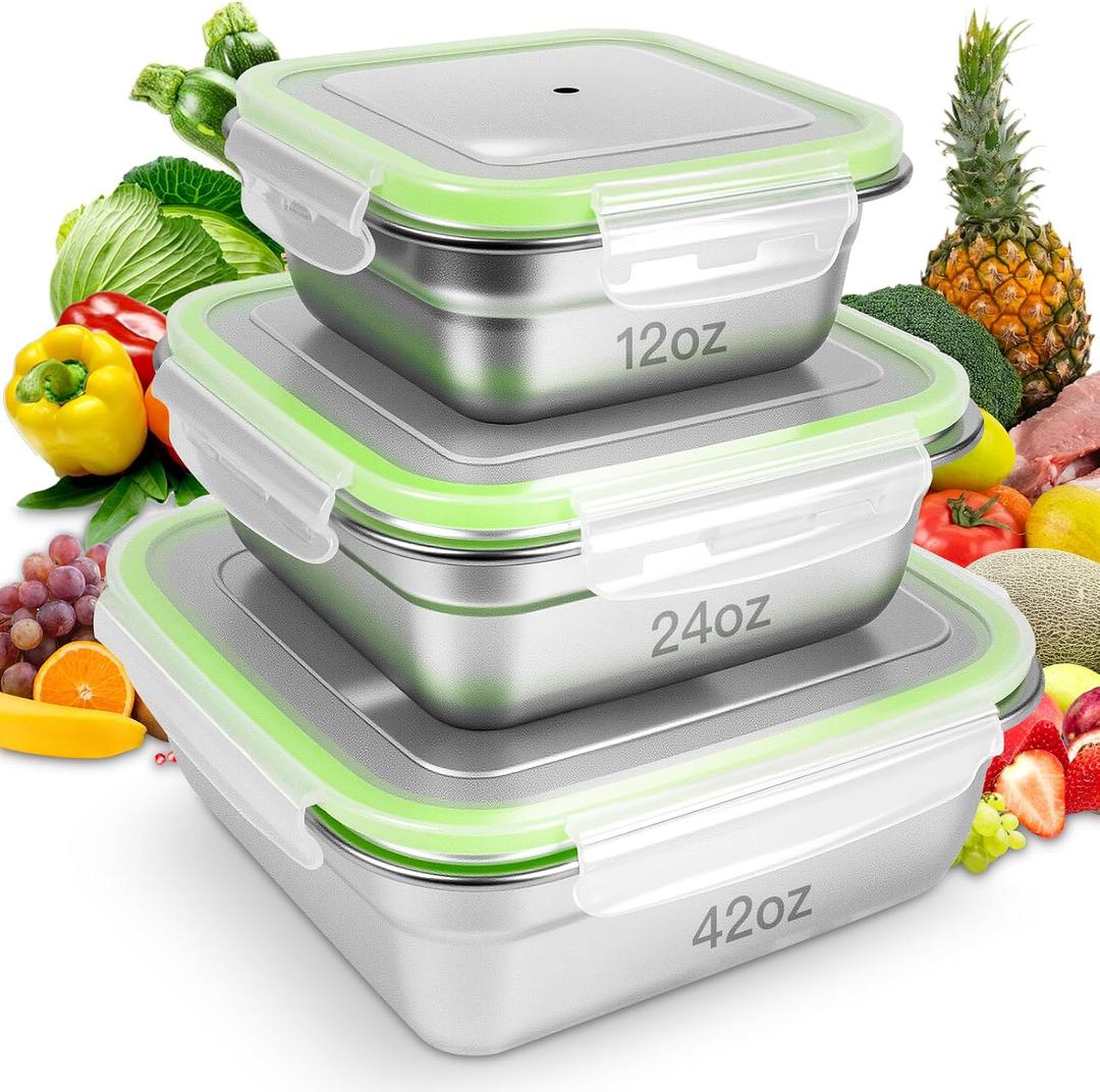 3 Pack Stainless Steel Sandwich Containers with Leak-Proof Lids, BPA-Free Airtight Metal Food Storage Boxes for Lunch, Snacks, Meal Prep Reusable, Stackable, Dishwasher & Freezer Safe(Green)