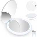 Smart Compact Makeup Mirror, 15 Auto On/Off Lights, 1X/5X Dual Sided Magnifying Portable Travel Makeup Mirror, Mirror for Handbag and Pocket, Rechargeable Mirror for Girls (with USB Cable) (White Round-three-color Lamp)