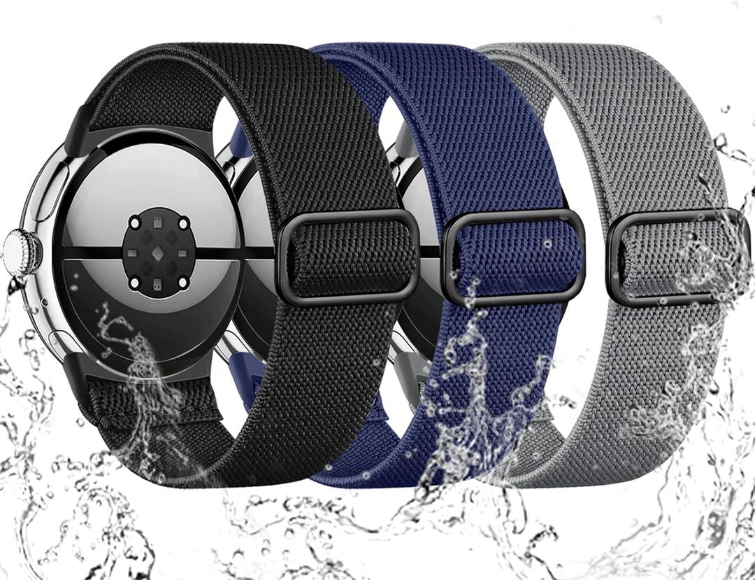 Maledan Stretchy Bands for Pixel Watch 4 Band/Pixel Watch 3 Band 41mm/ Google Watch Band 2/1-3 Pack Upgraded Metal Lugs Water-Resistant Elastic Nylon Sport Loop Strap for Google Smartwatch Men Women (03-Black/Midnight Blue/Dark Gray)