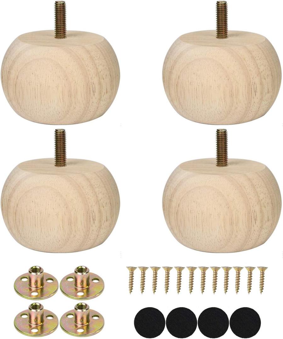 Maricome 2 Inch Bun Feet for Furniture Unfinished Solid Hardwood Round Ottoman/Couch/Sofa Legs Set of 4 M8 Bolt Predrilled