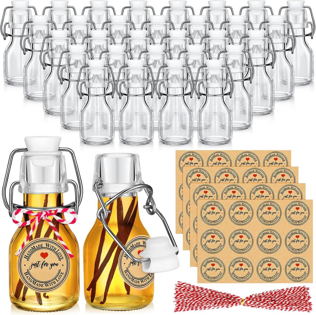 48 Pcs Christmas Mini Flip Top Glass Bottle Flip Top for Homemade Coquito Vanilla Extract Bottles with Caps Stickers for Christmas Holiday DIY Crafts Xmas Wedding Baby Shower Favors(2 oz)