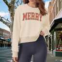 Merry Christmas Sweatshirts Women Vintage Merry Cropped Sweatshirt Xmas Party Holiday Crop Pullover Top (Beige, XL)