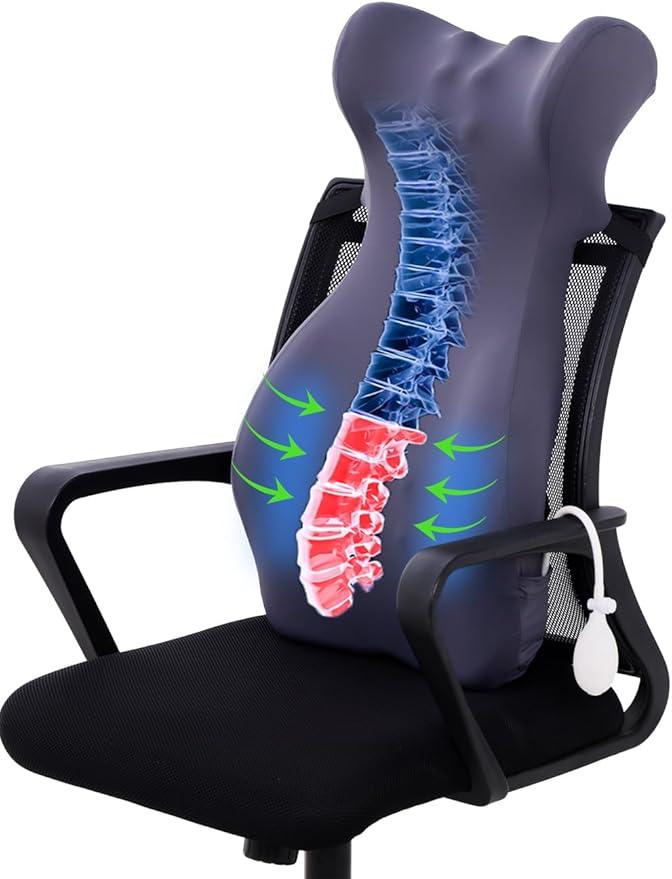 28.7'' Long Lumbar Support Pillow for Office Chair with Air Bag, Memory Foam Back Support Pillow for Lower Back Pain Relief Backrest/Back Support for Office Chair, Improve Posture (Grey)