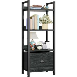Furologee 4 Tier Bookshelf with Drawer, Small Narrow Bookcase, Wood and Metal Standing Shelf Unit, Industrial Display Storage Shelves Organizer for Bedroom, Living Room, Entryway, Black