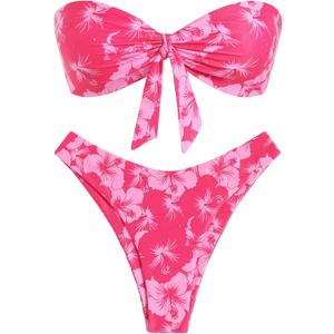 ZAFUL Knotted Bandeau Bikini for Women Strapless Swimsuits High Cut Bathing Suit Sexy Cheeky Tie Side Swimwears (Medium, Rose Red Floral) ZAFUL Knotted Bandeau Bikini for Women Strapless Swimsuits High Cut Bathing Suit Sexy Cheeky Tie Side Swimwears (Medium, Rose Red Floral)