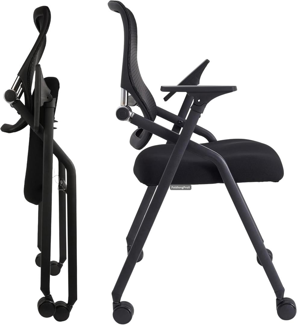 Updated Conference Room Chairs, Folding Office Desk Chair with Lumbar Support and Sliding Armrest with Casters, Office Guest Chairs & Reception Chairs, 1 Pack Black